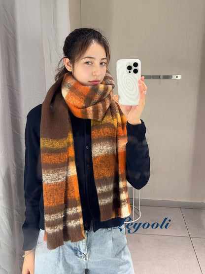 Orange Brown Plaid Mohair Scarf: Cozy Winter Accessory