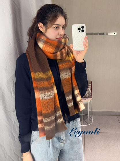 Orange Brown Plaid Mohair Scarf: Cozy Winter Accessory