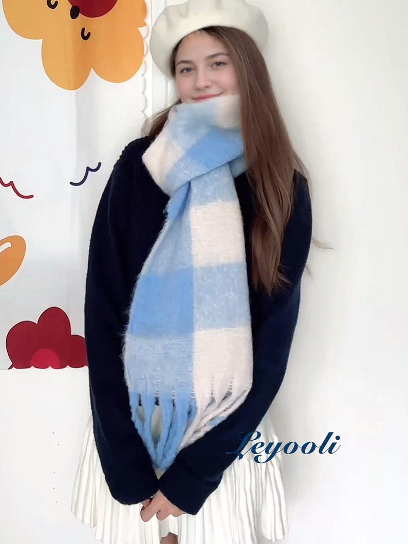 Sky Blue Mohair Plaid Scarf: Cozy Winter Wrap