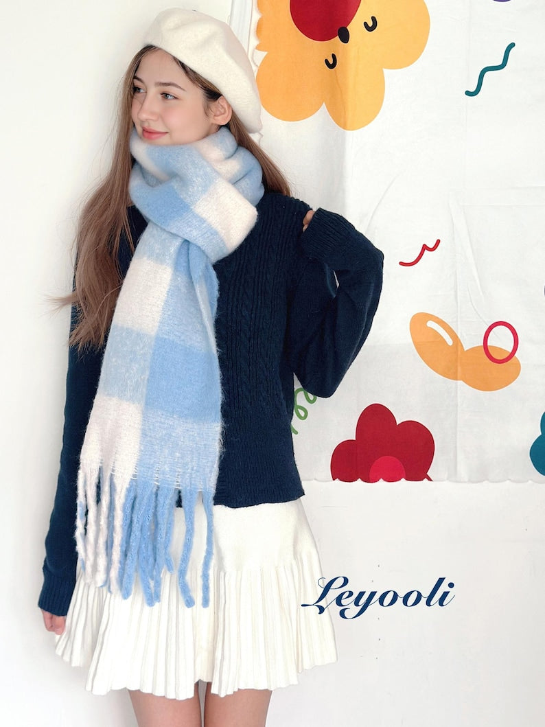 Sky Blue Mohair Plaid Scarf: Cozy Winter Wrap