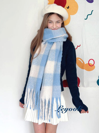 Sky Blue Mohair Plaid Scarf: Cozy Winter Wrap