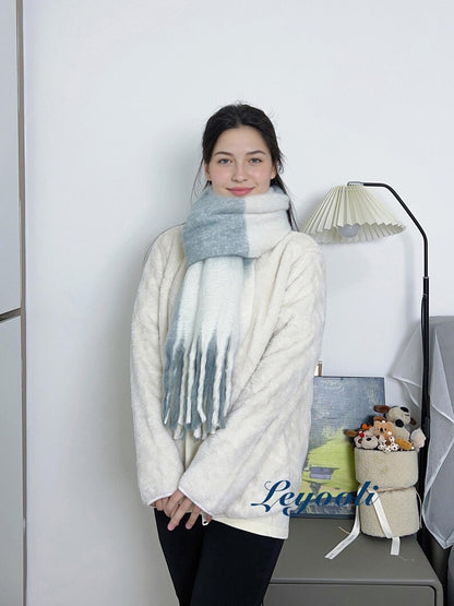 Gray White Plaid Mohair Scarf - Elegant Cozy Winter Wrap