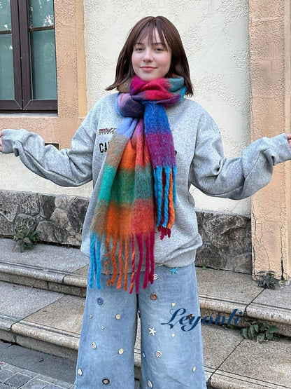 Rainbow Plaid Mohair Scarf, Colorful Checked Scarf, Winter Statement Wrap, Bright Gift for Her