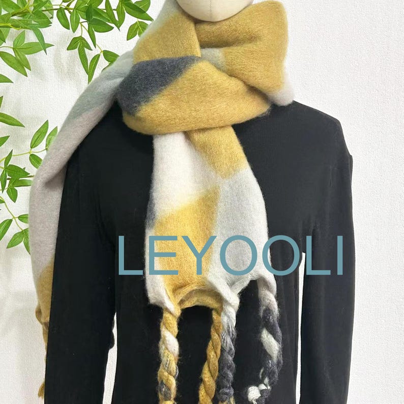 Geometric Mohair Blend Scarf: Color Block Wool Cashmere Winter Shawl