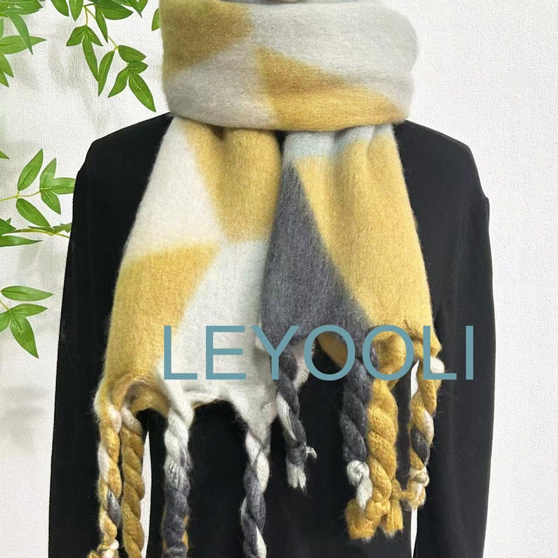 Geometric Mohair Blend Scarf: Color Block Wool Cashmere Winter Shawl