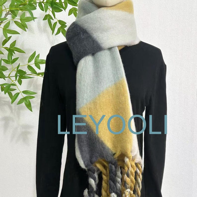 Geometric Mohair Blend Scarf: Color Block Wool Cashmere Winter Shawl