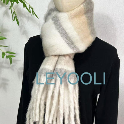 Striped Mohair Scarf: Wool Cashmere Blend, Beige Gray Tassel Shawl