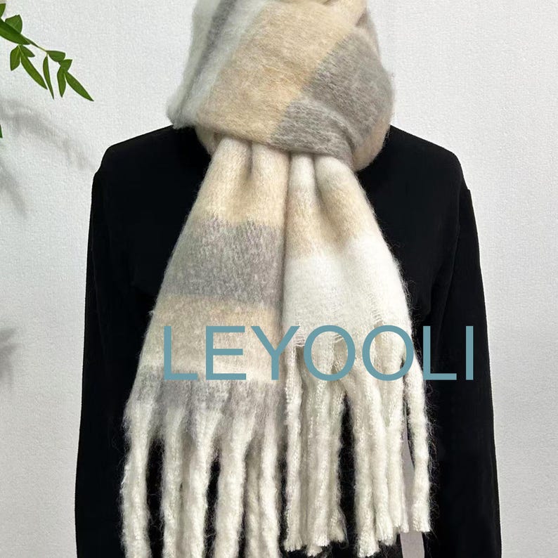 Striped Mohair Scarf: Wool Cashmere Blend, Beige Gray Tassel Shawl