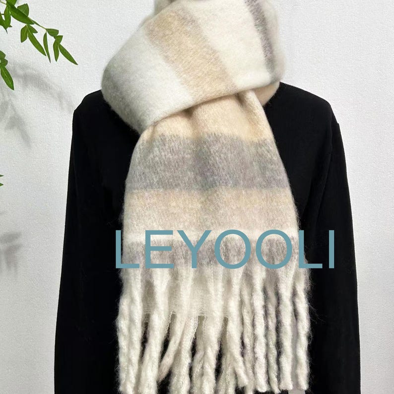 Striped Mohair Scarf: Wool Cashmere Blend, Beige Gray Tassel Shawl