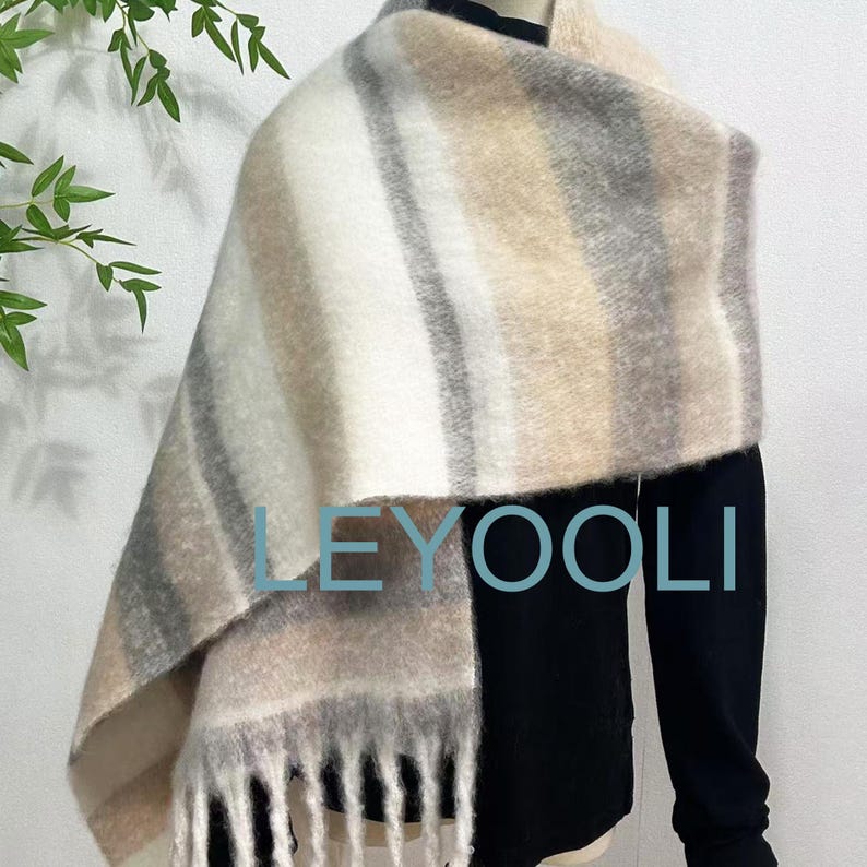 Striped Mohair Scarf: Wool Cashmere Blend, Beige Gray Tassel Shawl