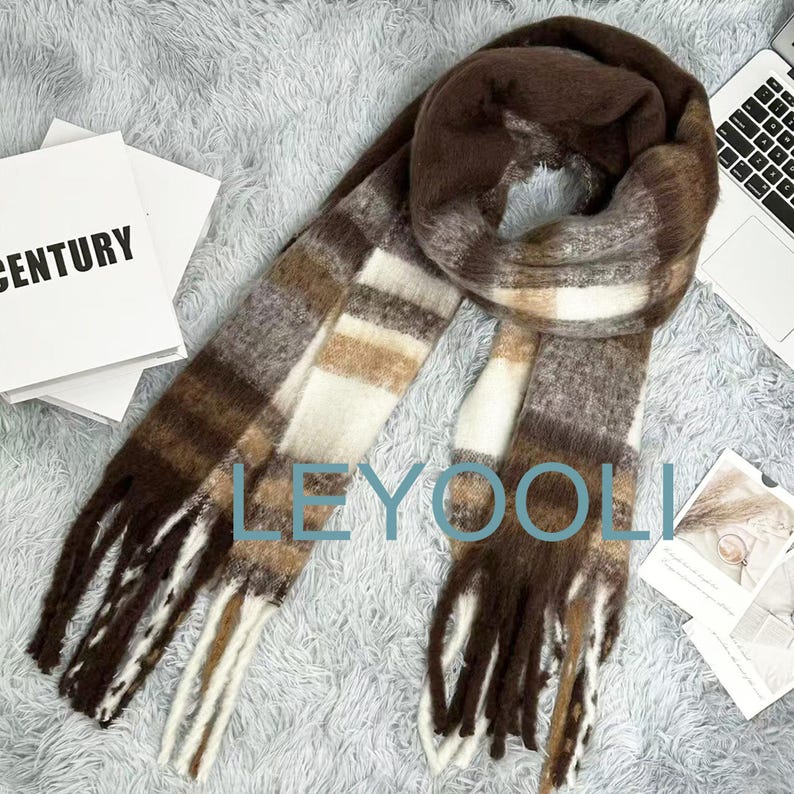 Brown Plaid Mohair Blend Scarf: Soft Winter Shawl with Tassels