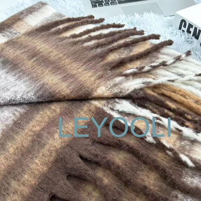 Brown Plaid Mohair Blend Scarf: Soft Winter Shawl with Tassels