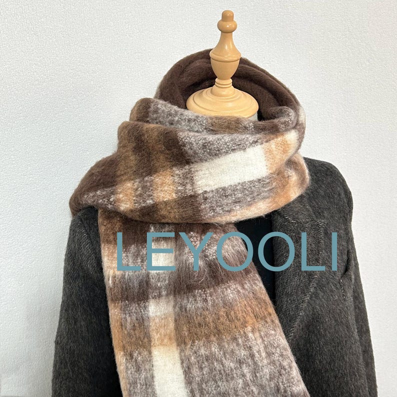 Brown Plaid Mohair Blend Scarf: Soft Winter Shawl with Tassels