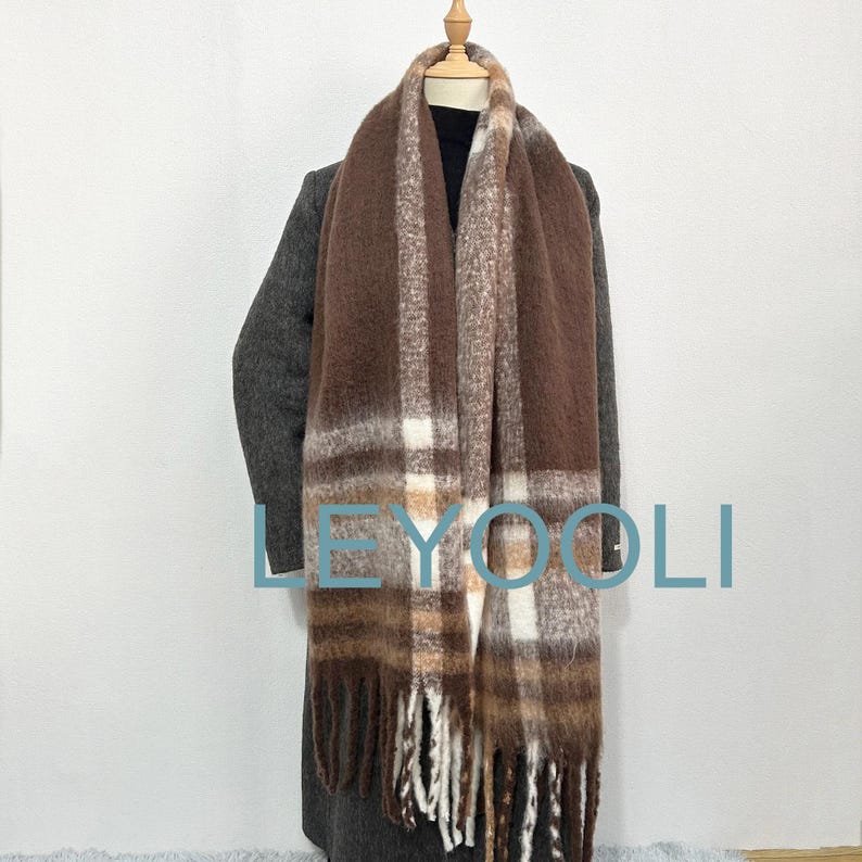 Brown Plaid Mohair Blend Scarf: Soft Winter Shawl with Tassels
