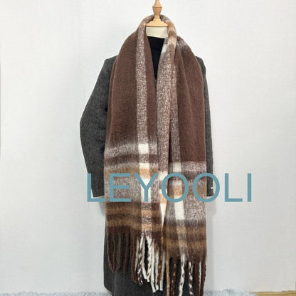 Brown Plaid Mohair Blend Scarf: Soft Winter Shawl with Tassels