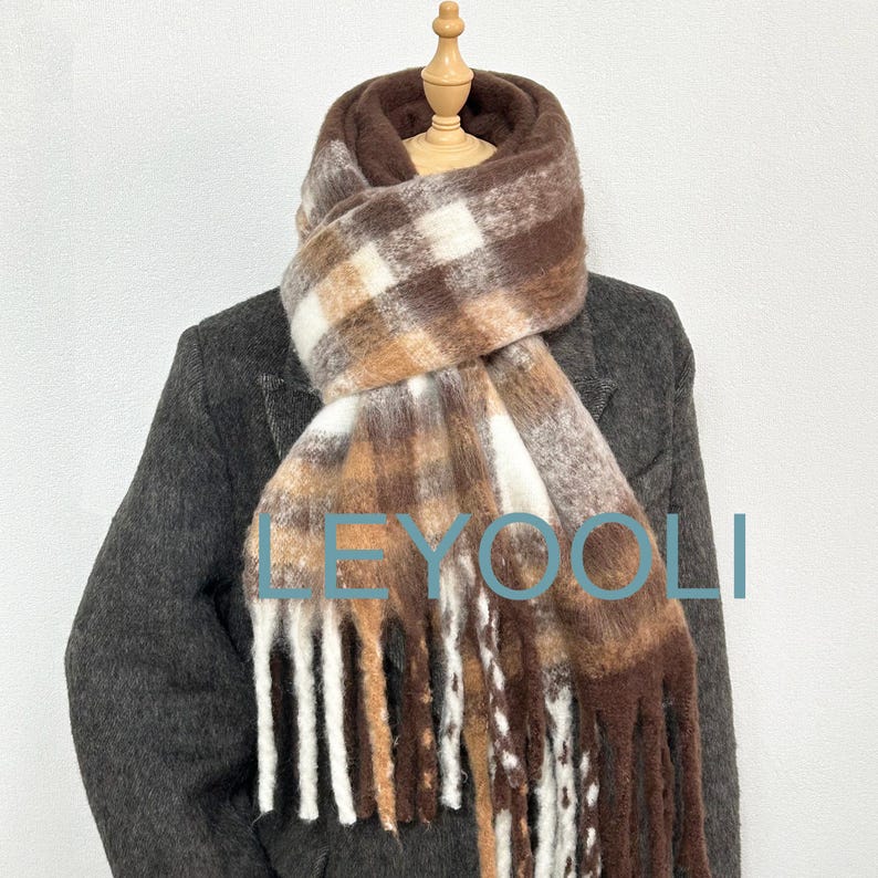 Brown Plaid Mohair Blend Scarf: Soft Winter Shawl with Tassels