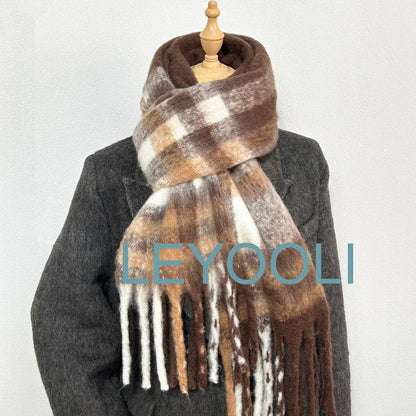 Brown Plaid Mohair Blend Scarf: Soft Winter Shawl with Tassels