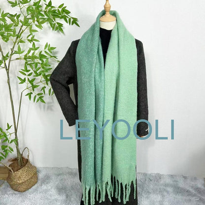Mint Green Mohair Blend Scarf: Fluffy Winter Shawl with Tassels