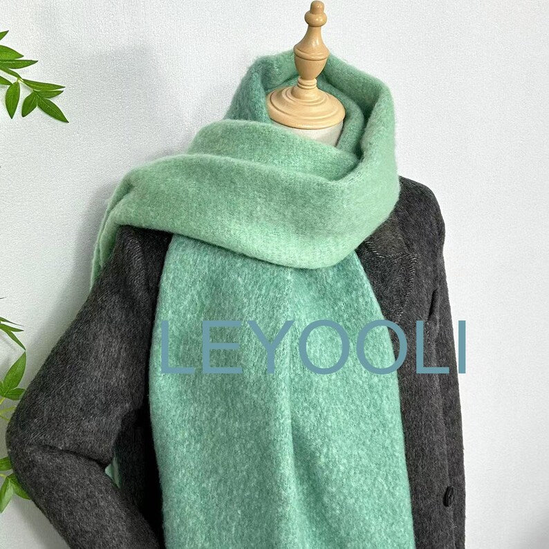 Mint Green Mohair Blend Scarf: Fluffy Winter Shawl with Tassels