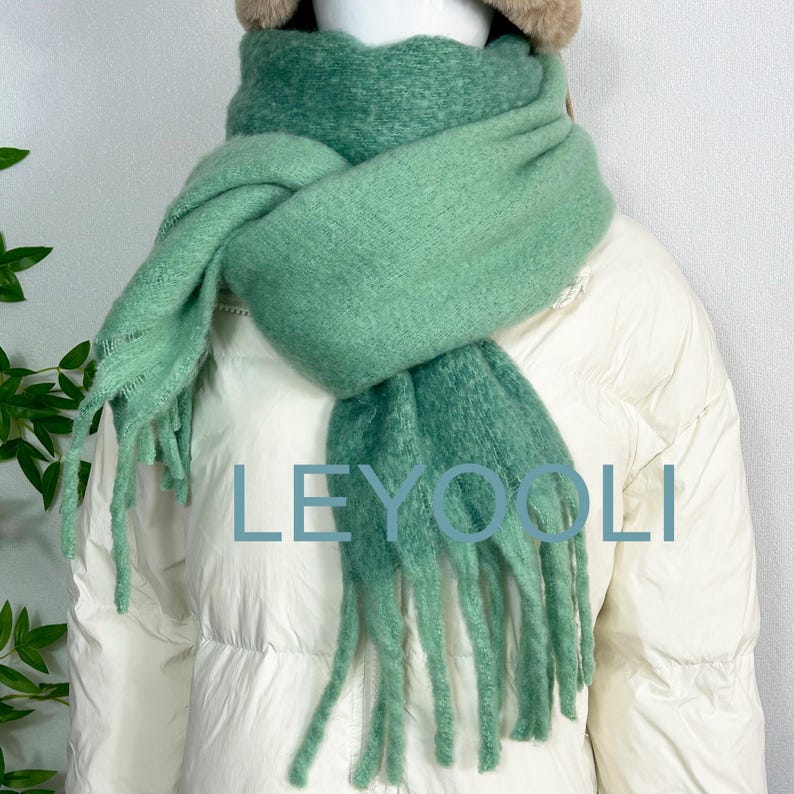 Mint Green Mohair Blend Scarf: Fluffy Winter Shawl with Tassels