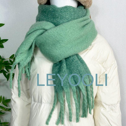 Mint Green Mohair Blend Scarf: Fluffy Winter Shawl with Tassels
