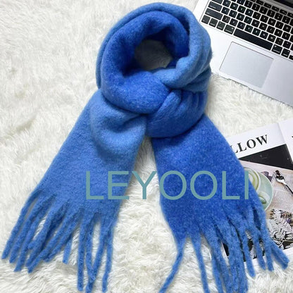 Iceland Blue Mohair Blend Scarf: Fluffy Winter Tassel Shawl