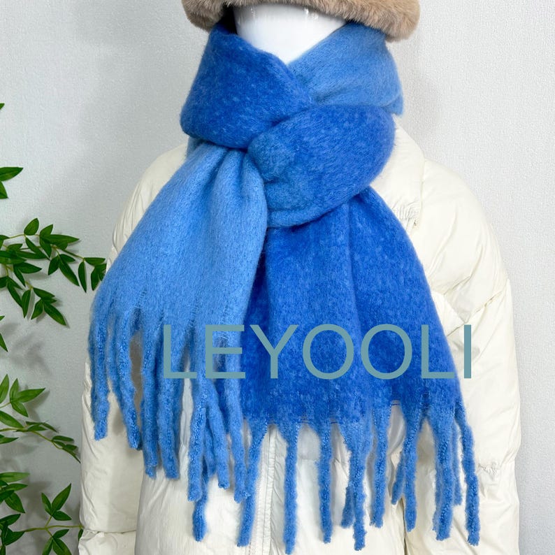 Iceland Blue Mohair Blend Scarf: Fluffy Winter Tassel Shawl