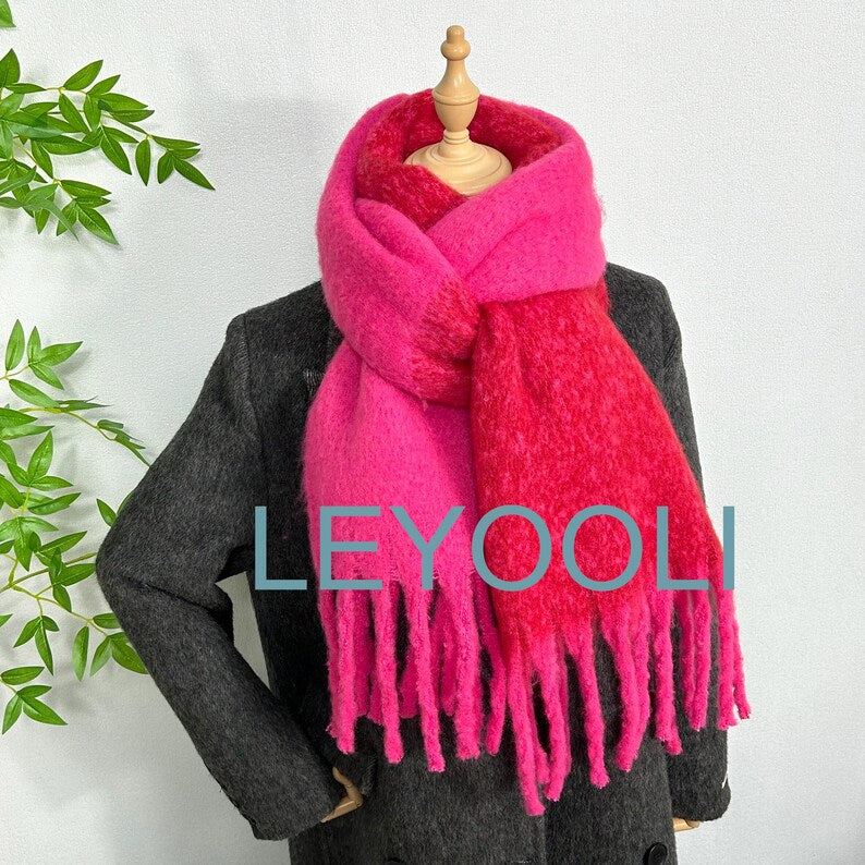 Pink Red Mohair Blend Scarf: Long Tassel Winter Shawl