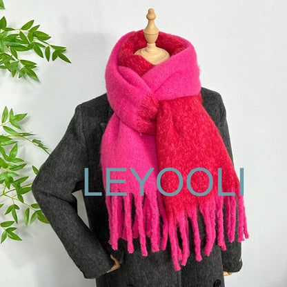 Pink Red Mohair Blend Scarf: Long Tassel Winter Shawl
