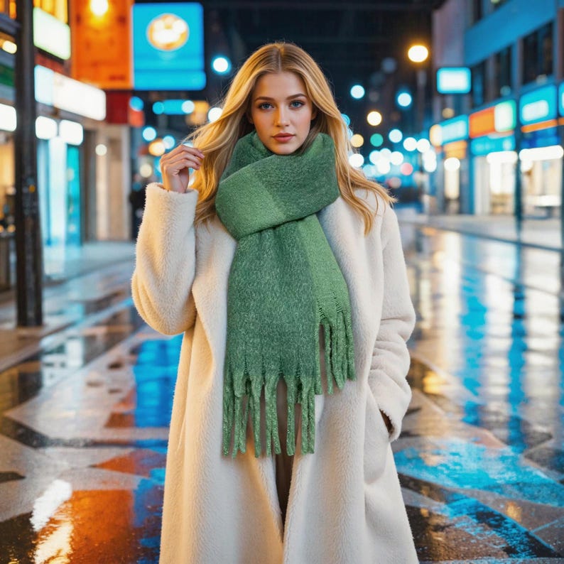 Mint Green Mohair Blend Scarf: Fluffy Winter Shawl with Tassels