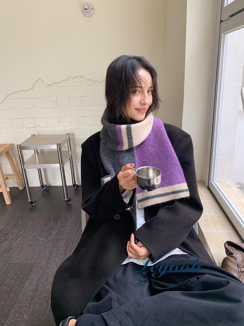 Handmade Mohair Scarf, Purple Grey Striped Knit, Winter Scarf