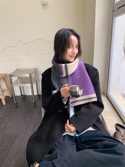 Handmade Mohair Scarf, Purple Grey Striped Knit, Winter Scarf