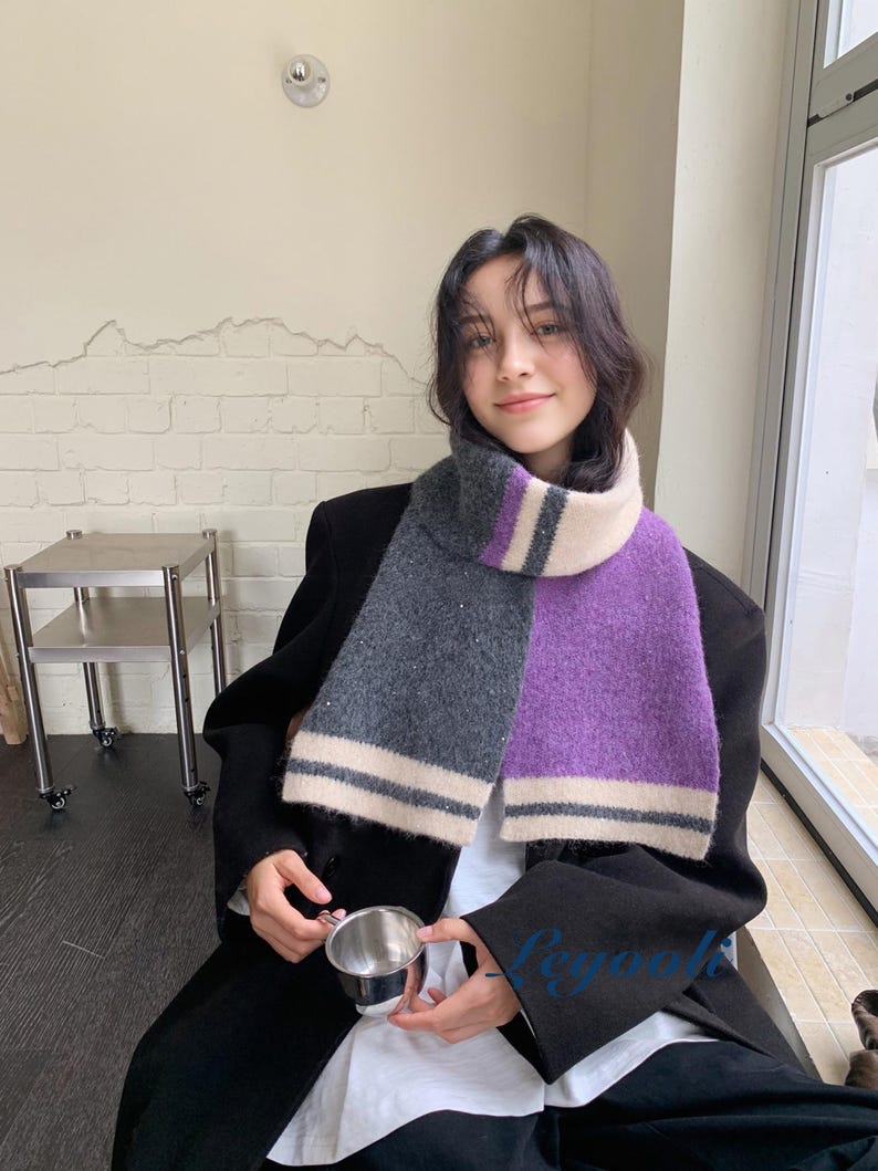 Handmade Mohair Scarf, Purple Grey Striped Knit, Winter Scarf