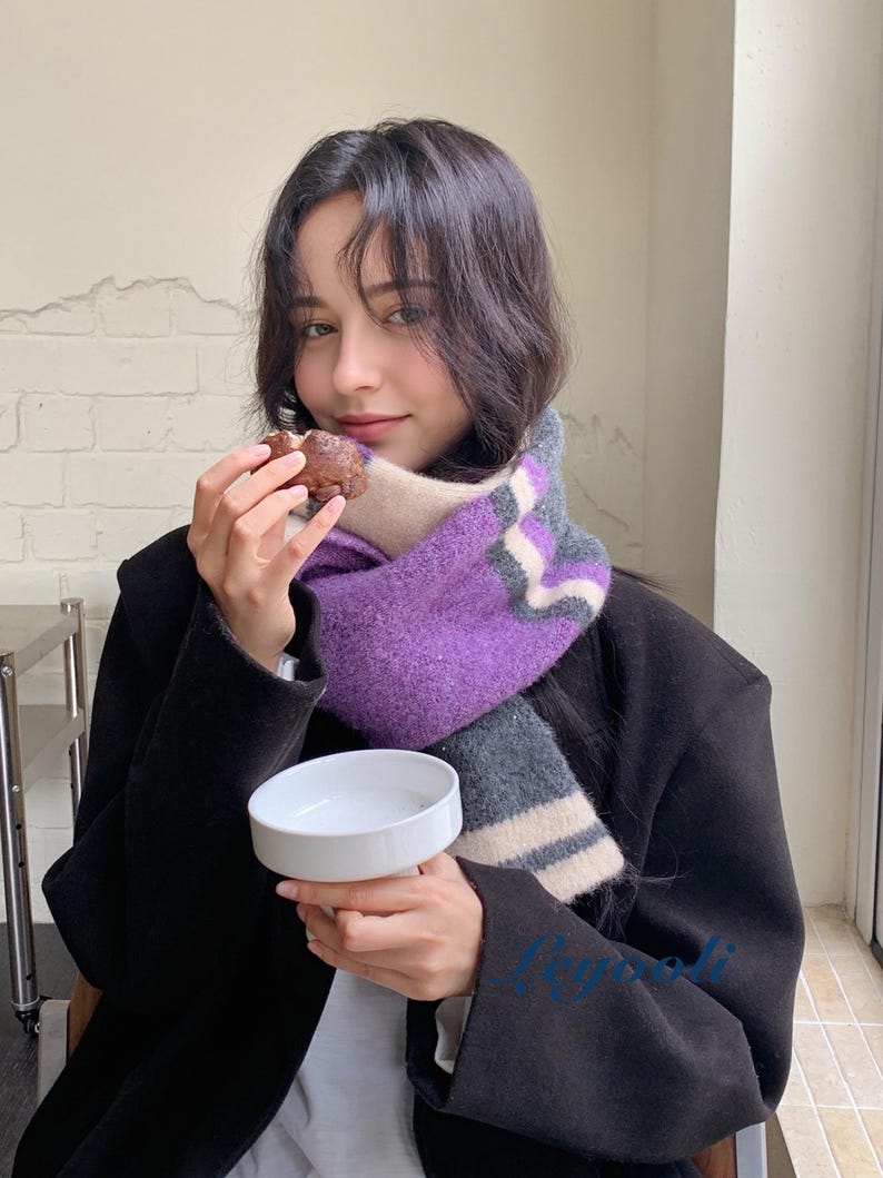 Handmade Mohair Scarf, Purple Grey Striped Knit, Winter Scarf