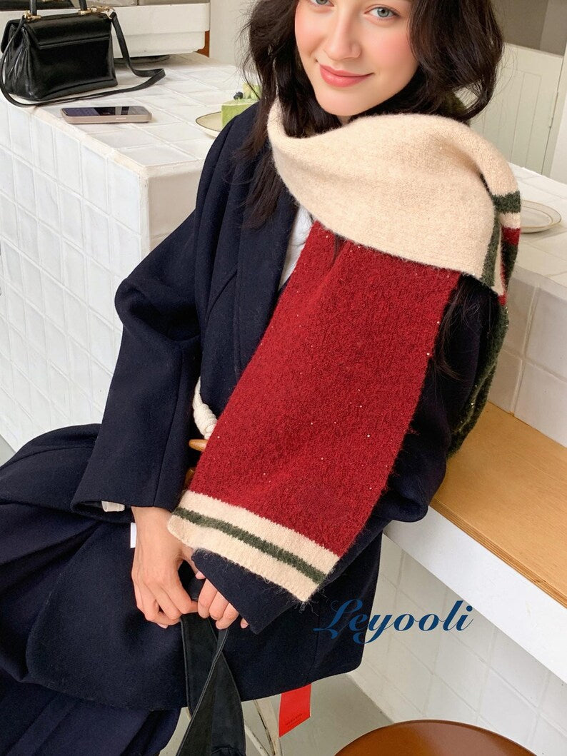 Handmade Mohair Striped Knit Scarf, Warm Winter Scarf