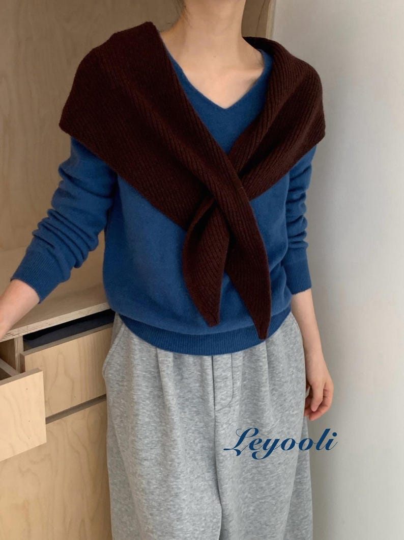 Dark Coffee Knit Triangle Scarf: Ribbed Winter Neck Wrap, Handmade