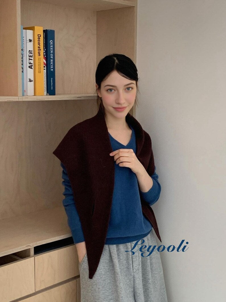 Dark Coffee Knit Triangle Scarf: Ribbed Winter Neck Wrap, Handmade