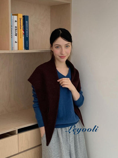 Dark Coffee Knit Triangle Scarf: Ribbed Winter Neck Wrap, Handmade