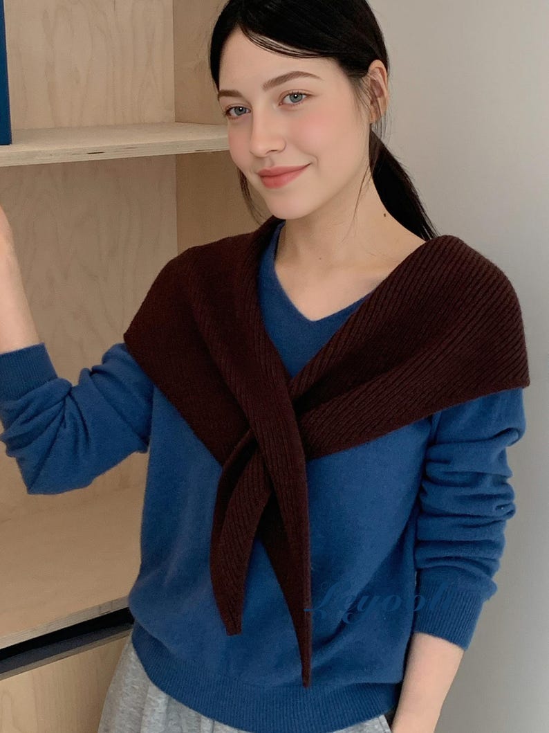 Dark Coffee Knit Triangle Scarf: Ribbed Winter Neck Wrap, Handmade