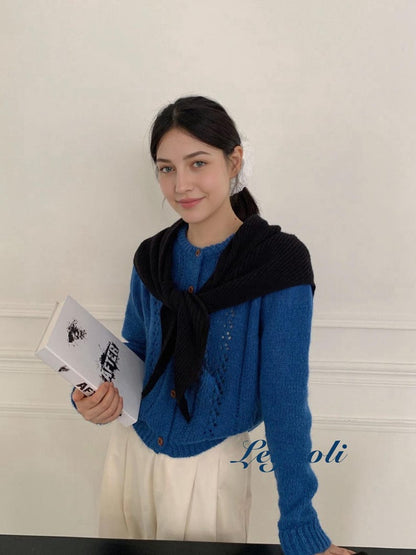 Handmade Black Knit Triangle Scarf - Ribbed Neck Shawl with Slot