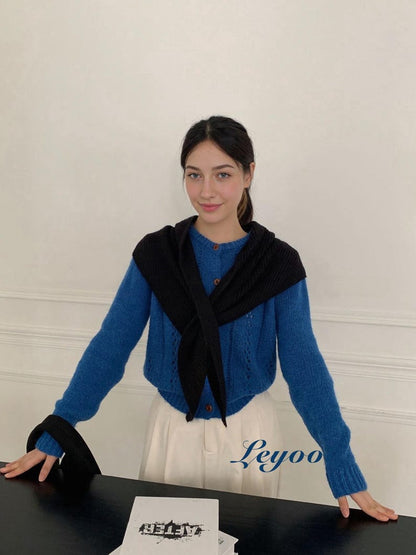 Handmade Black Knit Triangle Scarf - Ribbed Neck Shawl with Slot