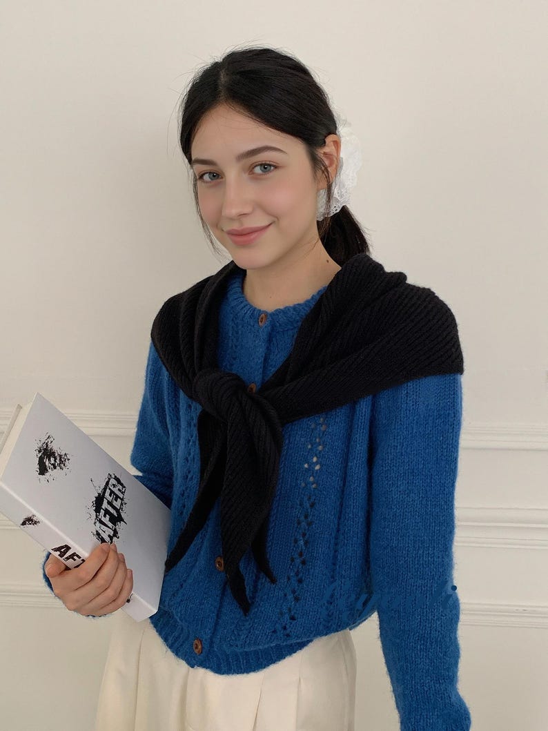 Handmade Black Knit Triangle Scarf - Ribbed Neck Shawl with Slot