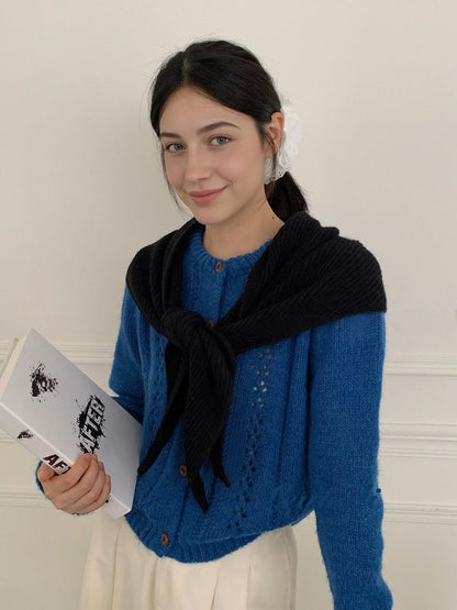 Handmade Black Knit Triangle Scarf - Ribbed Neck Shawl with Slot