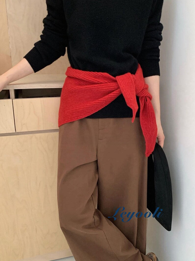 Red Knit Triangle Scarf: Ribbed Slot Neck Shawl