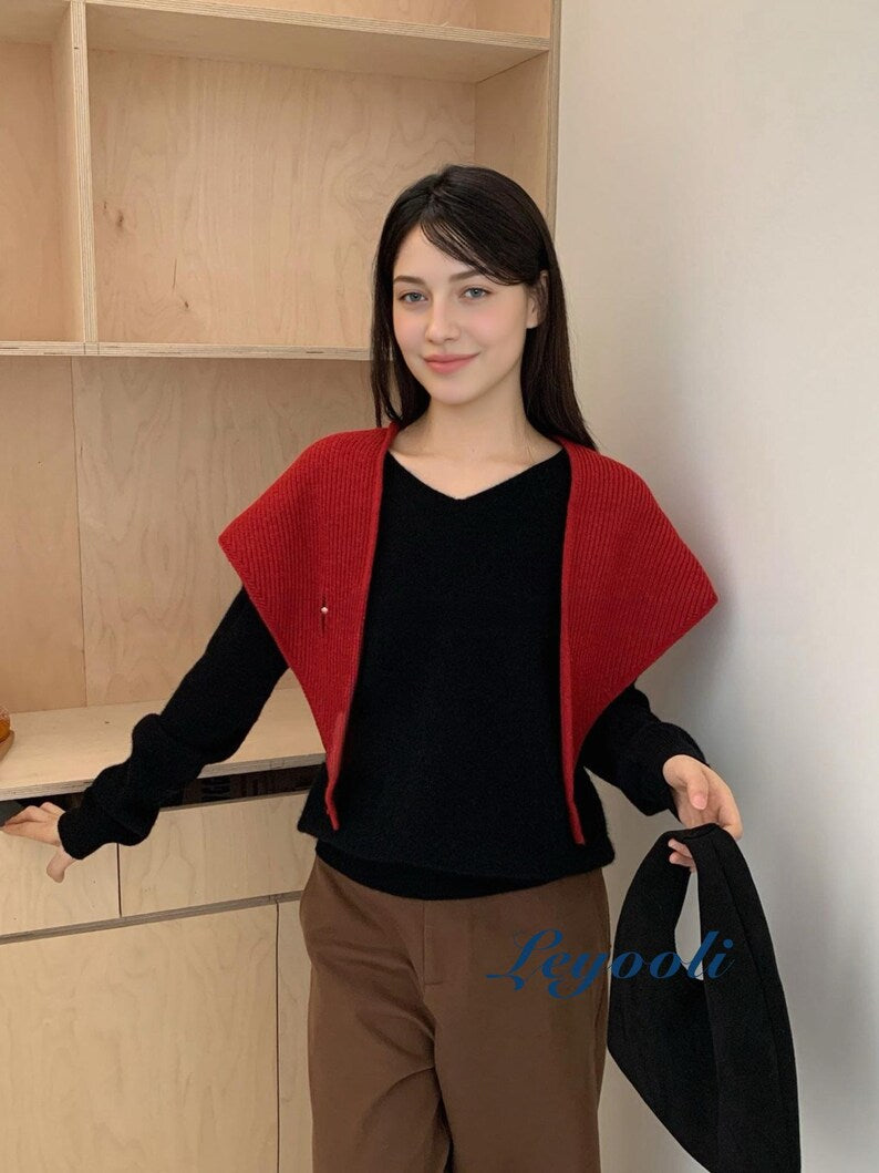 Red Knit Triangle Scarf: Ribbed Slot Neck Shawl