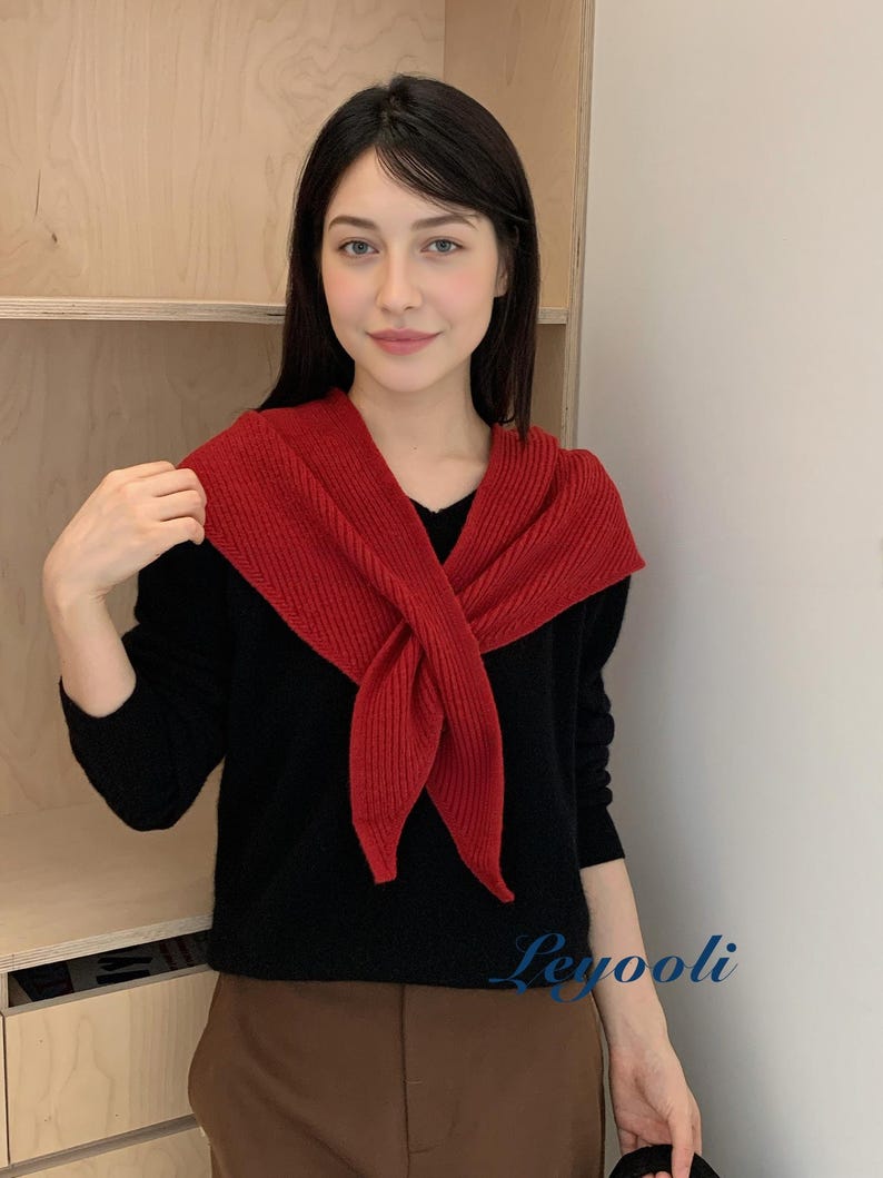 Red Knit Triangle Scarf: Ribbed Slot Neck Shawl