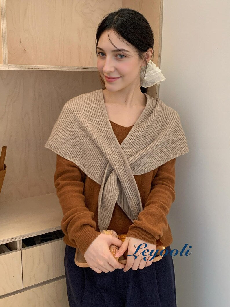Handmade Ribbed Knit Triangle Scarf: Pumpkin Beige Cozy Shawl