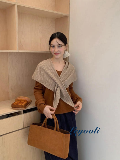 Handmade Ribbed Knit Triangle Scarf: Pumpkin Beige Cozy Shawl