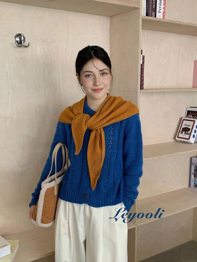 Handmade Mustard Yellow Knit Triangle Scarf, Ribbed Autumn Shawl