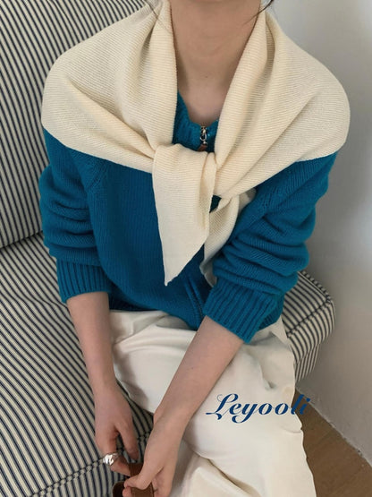 Cream White Wool Knit Triangle Scarf - Soft Ribbed Shawl Wrap